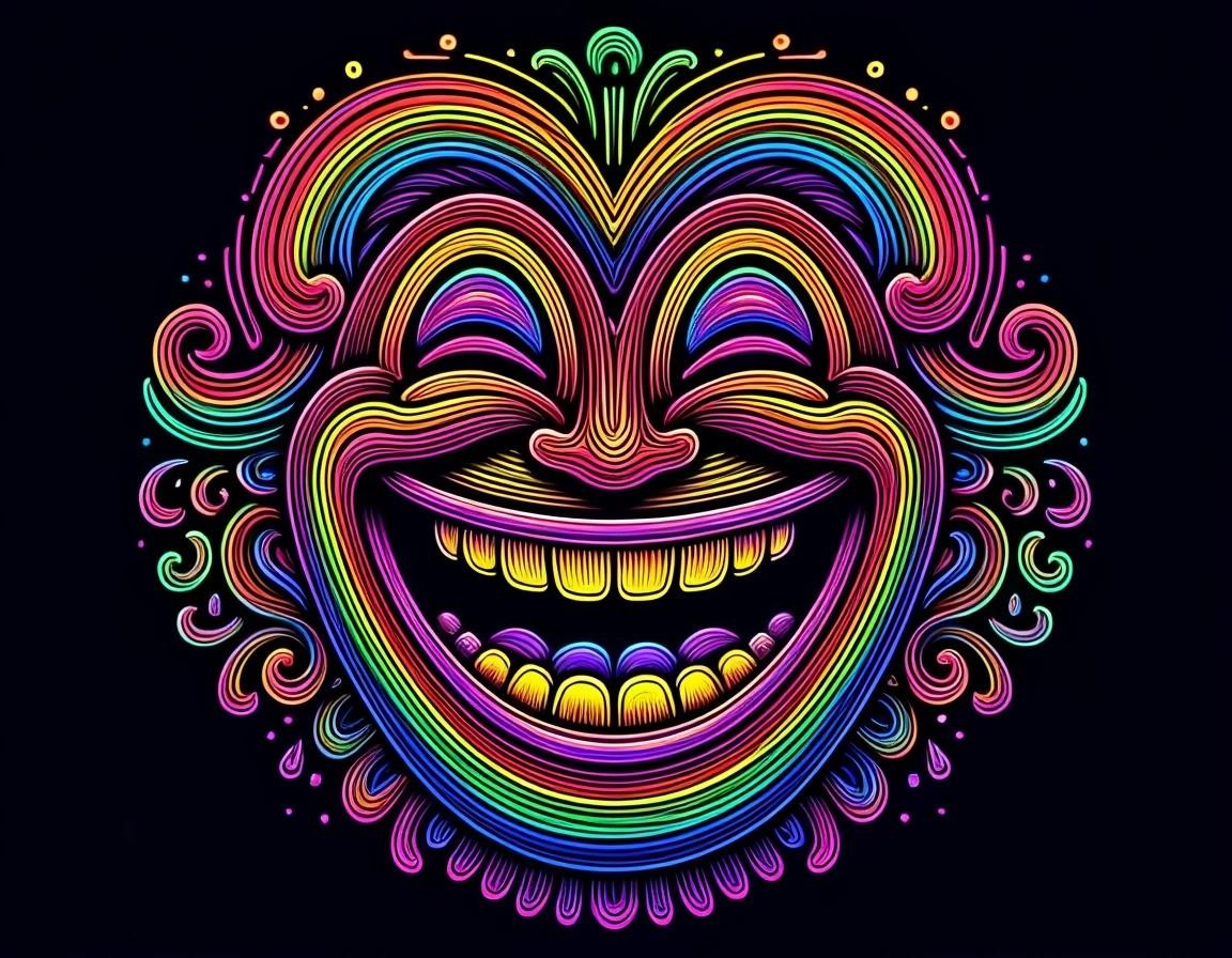 Image with seed 1662615445 generated via Stable Diffusion through @stablehorde@sigmoid.social. Prompt: Intricate colorful neon rainbow Laughing emoji 😂, highly detailed, vibrant colors, playful and fun, digital art, by Dan Mumford and Sam Spratt, high resolution, cheerful atmosphere. darkness, intricately stylized vector design, line work, flourishes, patterns###white, blank,