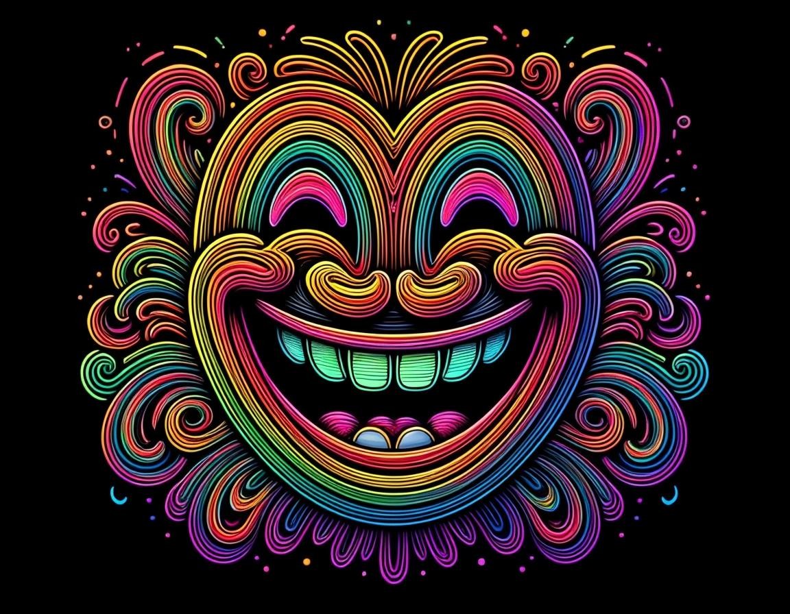Image with seed 3085820282 generated via Stable Diffusion through @stablehorde@sigmoid.social. Prompt: Intricate colorful neon rainbow Laughing emoji 😂, highly detailed, vibrant colors, playful and fun, digital art, by Dan Mumford and Sam Spratt, high resolution, cheerful atmosphere. darkness, intricately stylized vector design, line work, flourishes, patterns###white, blank,