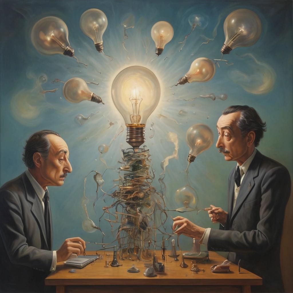Image with seed 4292653804 generated via Stable Diffusion through @stablehorde@sigmoid.social. Prompt: Q: How many quantum physicists does it take to change a lightbulb ? A: One. Two to do it, and one to renormalise the wave function.Surrealism, oil on canvas, Salvador Dali, Max Erns,t Yves Tanguy, Shaun Tan