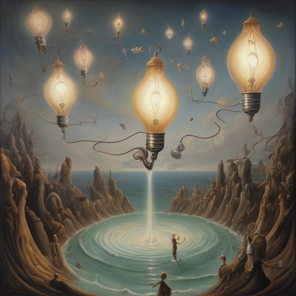 Image with seed 4213225439 generated via Stable Diffusion through @stablehorde@sigmoid.social. Prompt: Q: How many quantum physicists does it take to change a lightbulb ? A: One. Two to do it, and one to renormalise the wave function.Surrealism, oil on canvas, Salvador Dali, Max Erns,t Yves Tanguy, Shaun Tan