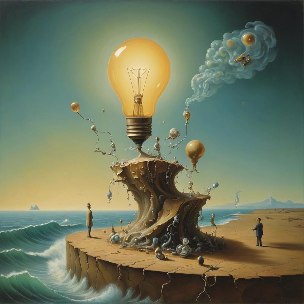 Image with seed 1018066231 generated via Stable Diffusion through @stablehorde@sigmoid.social. Prompt: Q: How many quantum physicists does it take to change a lightbulb ? A: One. Two to do it, and one to renormalise the wave function. Surrealism, oil on canvas, Salvador Dali, Max Ernst, Yves Tanguy, Shaun Tan 