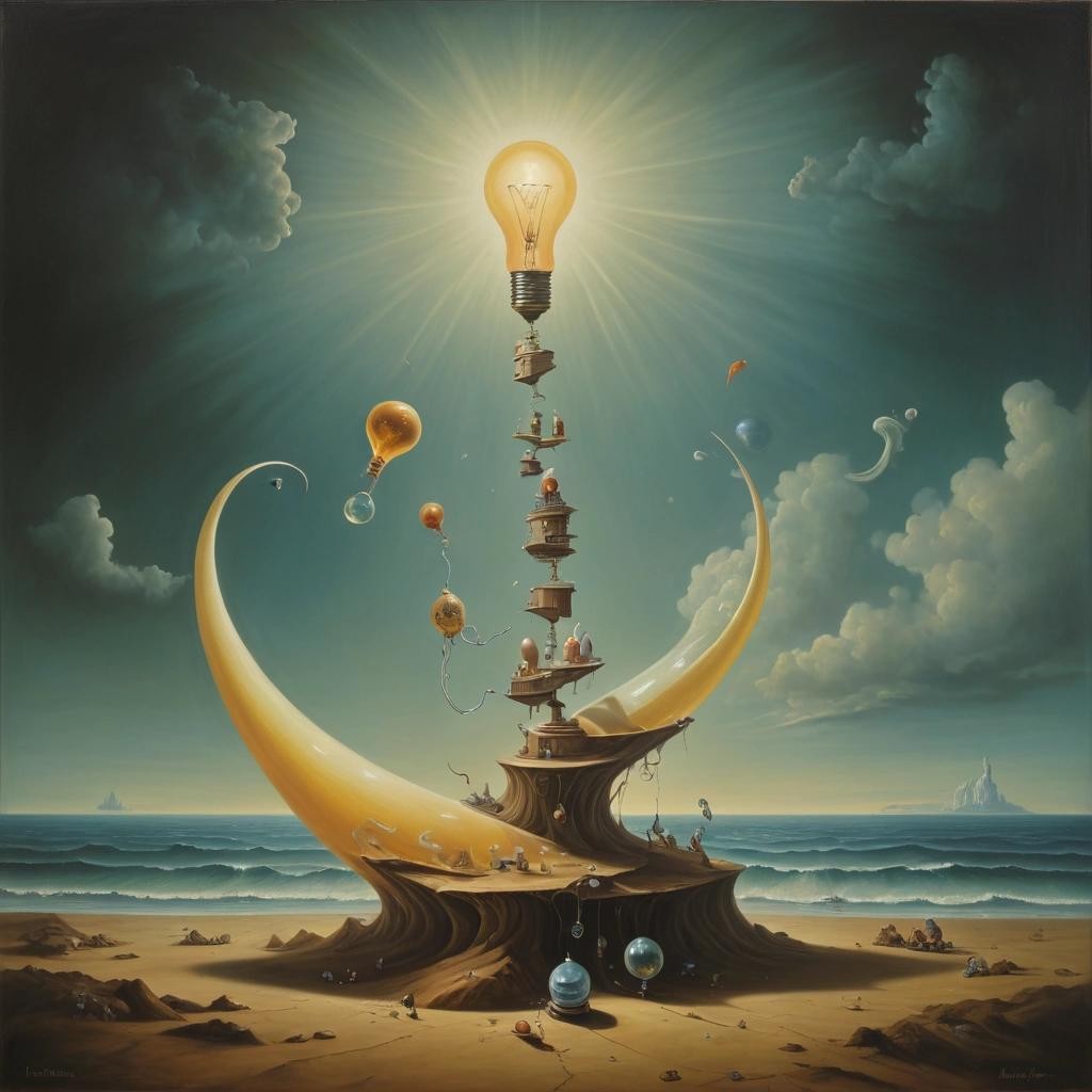 Image with seed 150028737 generated via Stable Diffusion through @stablehorde@sigmoid.social. Prompt: Q: How many quantum physicists does it take to change a lightbulb ? A: One. Two to do it, and one to renormalise the wave function. Surrealism, oil on canvas, Salvador Dali, Max Ernst, Yves Tanguy, Shaun Tan 