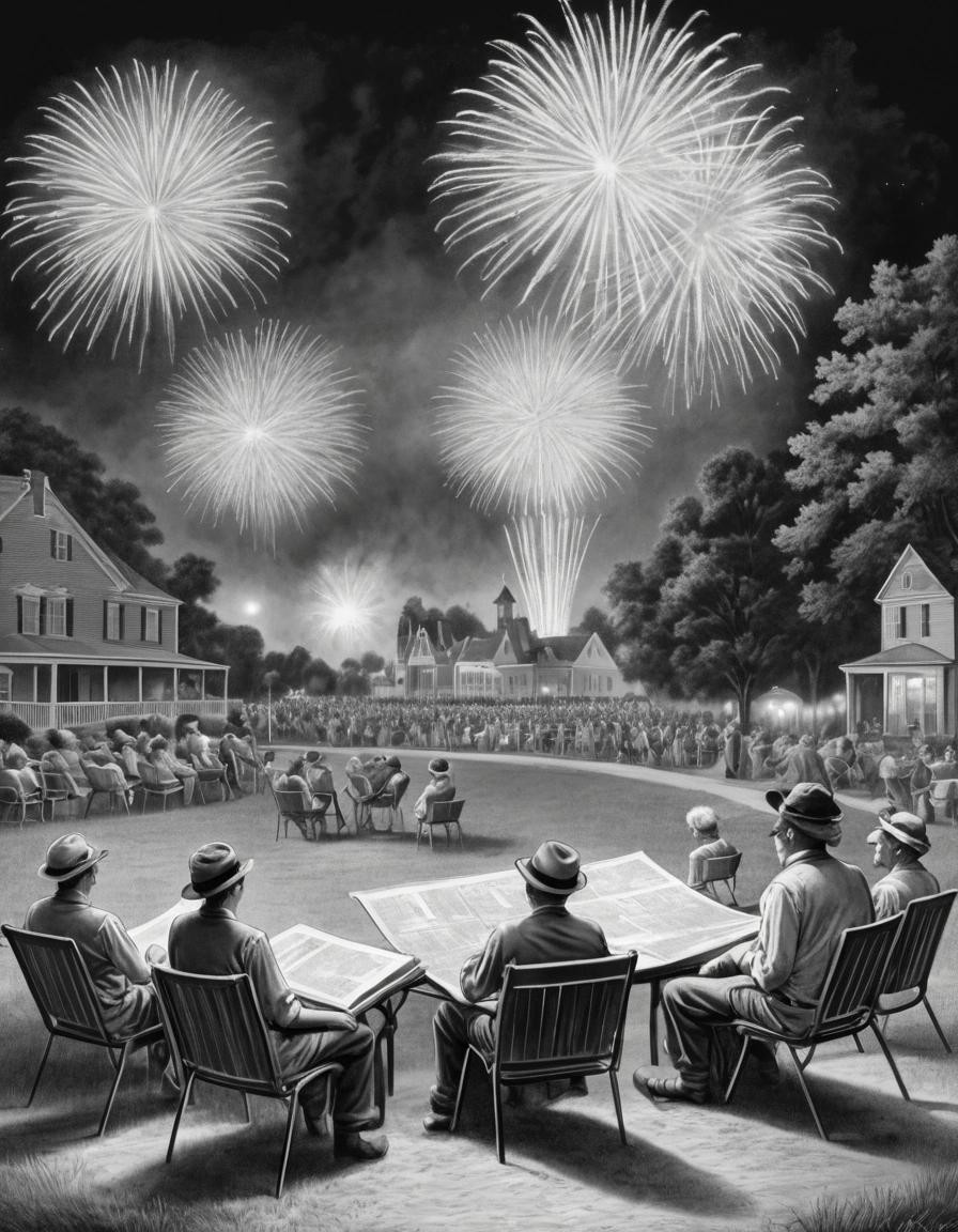 Image with seed 413225137 generated via Stable Diffusion through @stablehorde@sigmoid.social. Prompt: antique broadsheet drawing, draw for me fireworks display over a small town park, with people sitting on chairs and blankets watching the fireworks, United States independence day celebration , text, monotone###, colorful