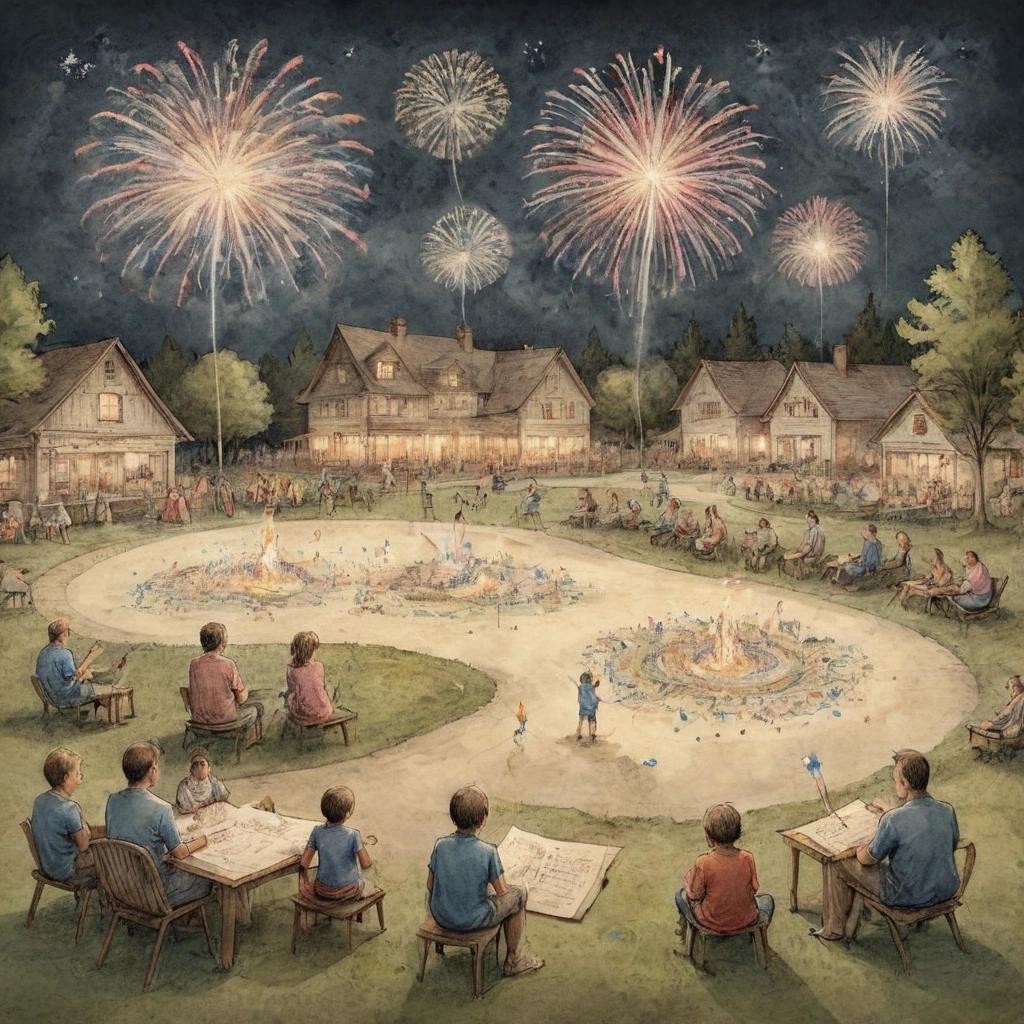 Image with seed 1750487936 generated via Stable Diffusion through @stablehorde@sigmoid.social. Prompt: on parchment, ink illustration, draw for me draw for me fireworks display over a small town park, with families sitting on chairs and blankets watching the fireworks, children playing with sparklers, United States independence day celebration 