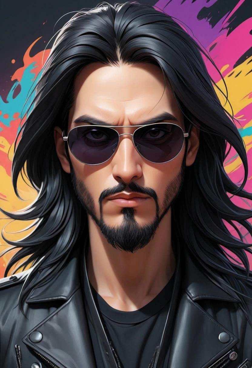 Image with seed 2906071013 generated via Stable Diffusion through @stablehorde@sigmoid.social. Prompt: Full face portrait of a beautiful Man with very long black hair, sunglasses, goatee, black leather jacket, digital artwork, colourful, anime 