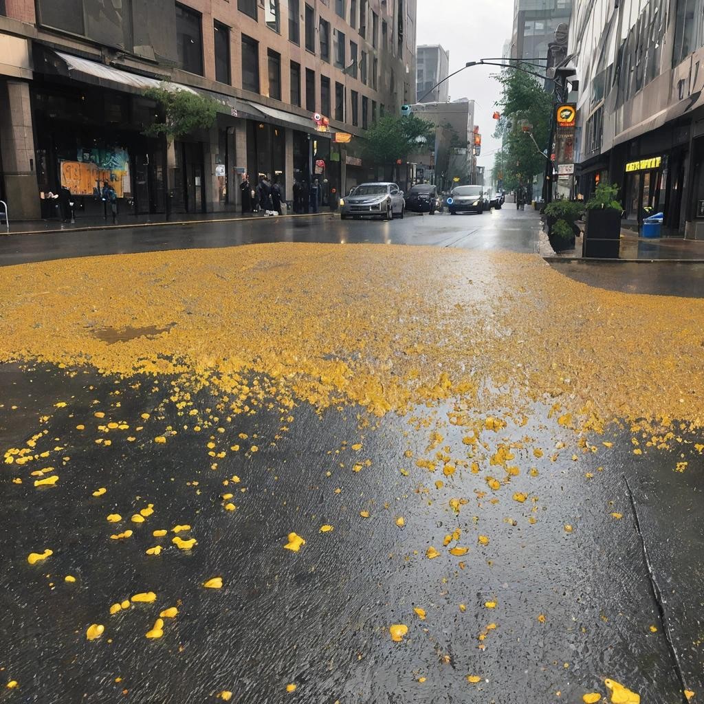 Image with seed 458121893 generated via Stable Diffusion through @stablehorde@sigmoid.social. Prompt: 3rd and pine in seattle washington, street is paved with captain crunch, it is raining captain crunch