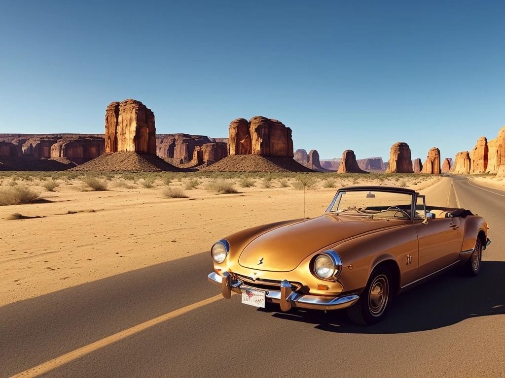 Image with seed 928356241 generated via Stable Diffusion through @stablehorde@sigmoid.social. Prompt: Stunning road trip through the desert, classic convertible car, endless highway stretching into the horizon, golden sands, dramatic rock formations, sun setting in the background, warm, golden light, cosmic couture theme###