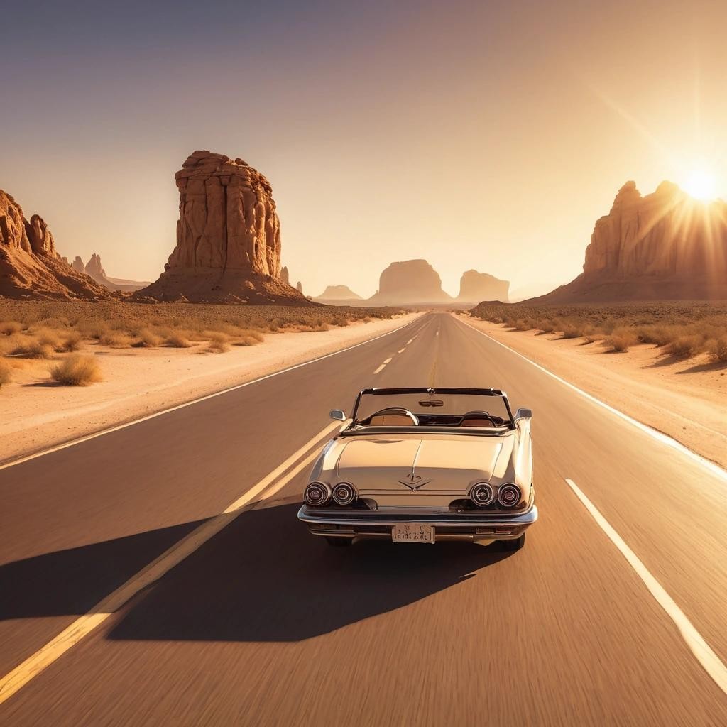 Image with seed 1991221592 generated via Stable Diffusion through @stablehorde@sigmoid.social. Prompt: Stunning road trip through the desert, classic convertible car, endless highway stretching into the horizon, golden sands, dramatic rock formations, sun setting in the background, warm, golden light, cosmic couture theme