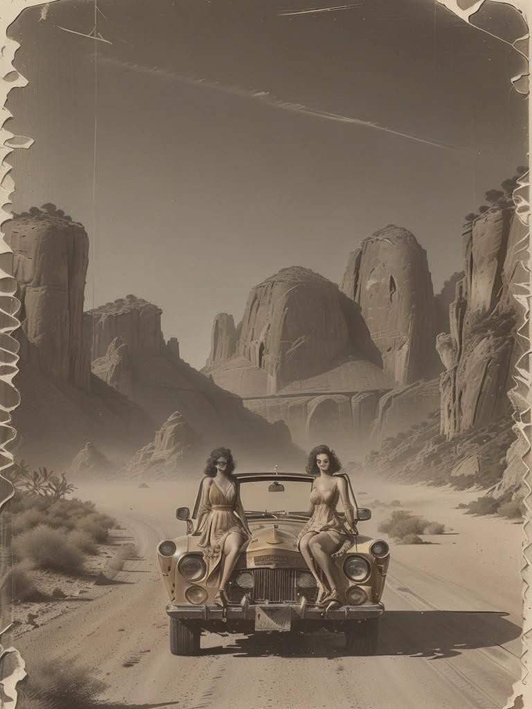 Image with seed 543692445 generated via Stable Diffusion through @stablehorde@sigmoid.social. Prompt: yellowed old photo, damaged, light leaks, early 19th century dust, scratches, award winning masterpiece, foggy, Stunning road trip through the desert, classic convertible car, endless highway stretching into the horizon, golden sands, dramatic rock formations, sun setting in the background, warm, golden light, cosmic couture theme . vintage yearbook photograph, analog###color,