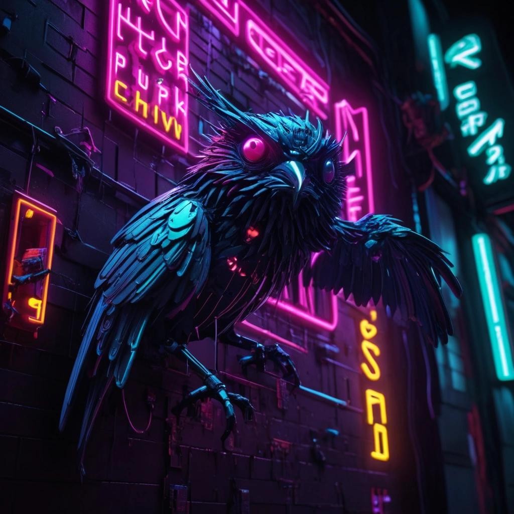 Image with seed 44866190 generated via Stable Diffusion through @stablehorde@sigmoid.social. Prompt: neon noir a bird eating a butterfly , cyberpunk, dark, rainy streets, neon signs, high contrast, low light, vibrant, highly detailed###bright, sunny, daytime, low contrast, black and white, sketch, watercolor, 