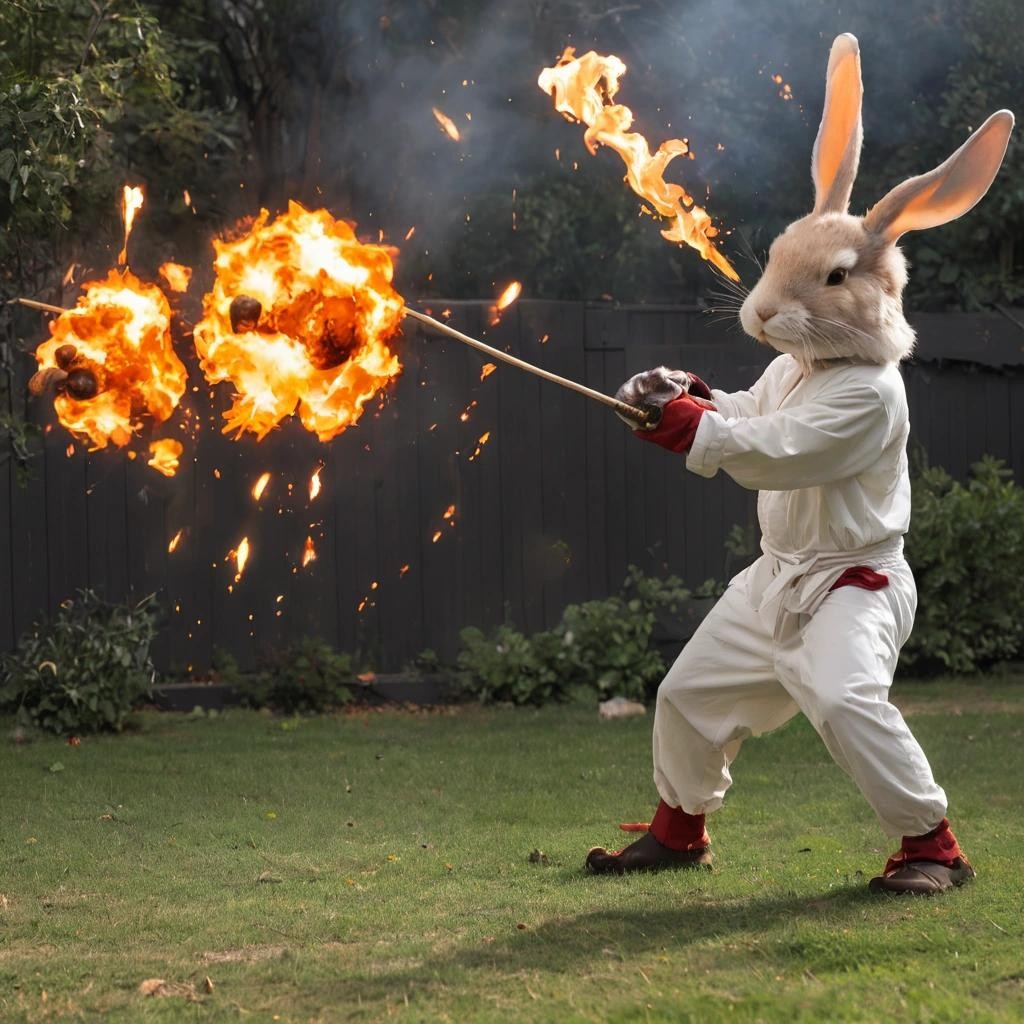 Image with seed 3656187669 generated via Stable Diffusion through @stablehorde@sigmoid.social. Prompt: rabbits throwing hadoken fireballs.