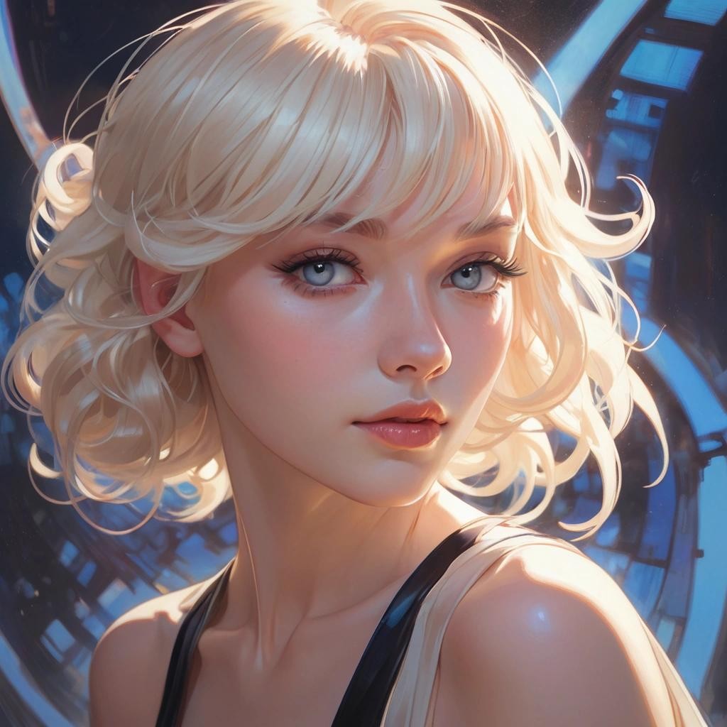 Image with seed 1196856831 generated via Stable Diffusion through @stablehorde@sigmoid.social. Prompt: a portrait, platinum blonde female, intricate, elegant, gorgeous, highly detailed, ambient lighting, art by ilya kuvshinov, artgerm, Alphonse mucha, and Greg Rutkowski