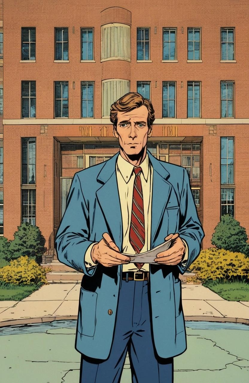 Image with seed 3843590558 generated via Stable Diffusion through @stablehorde@sigmoid.social. Prompt: House M.D. standing in front of the Princeton-Plainsboro Teaching Hospital , 1940s golden age comics style screen print, cover art by CC Beck and Will Eisner, (thick lines:0.7), early CMYK lithography, halftones###3d, modern, black and white, spot color