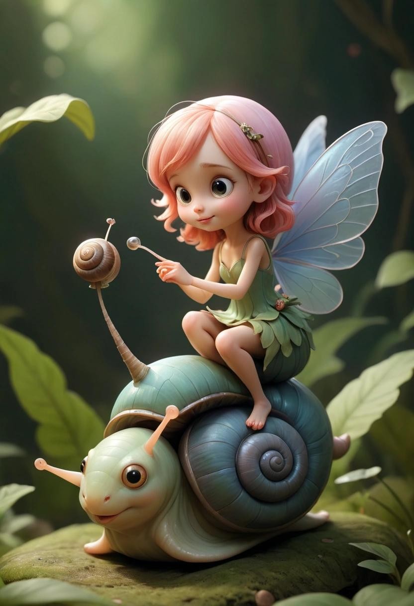 Image with seed 181727423 generated via Stable Diffusion through @stablehorde@sigmoid.social. Prompt: a tiny fairy riding a big snail 