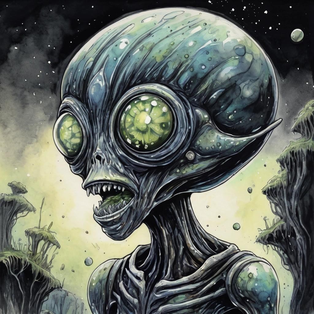 Image with seed 1736338398 generated via Stable Diffusion through @stablehorde@sigmoid.social. Prompt: Intelligent humanoid fungus alien from outer space, science fiction, space opera, comic book, graphic novel, watercolour on black ink drawing