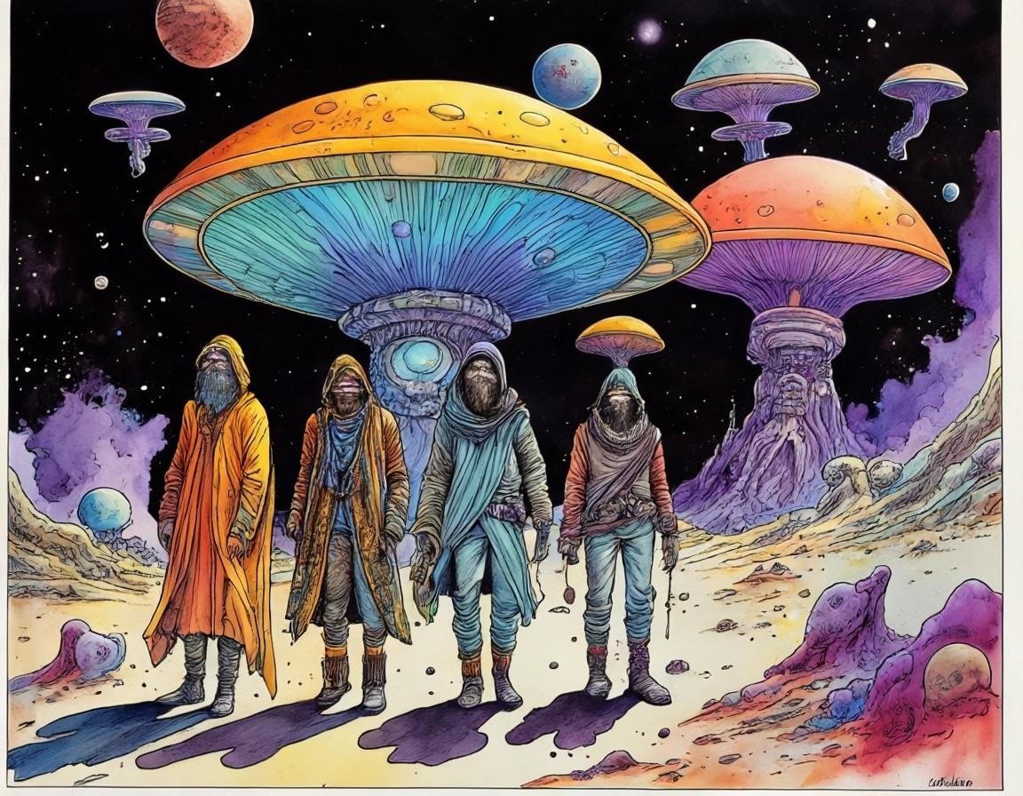 Image with seed 1482211787 generated via Stable Diffusion through @stablehorde@sigmoid.social. Prompt: Space hippies of the 35th century, comic book art, watercolour on black ink drawing, science fiction, space opera, fantasy, surrealism, psychedelic, magic mushrooms, colourful, Moebius, Enki Bilal 