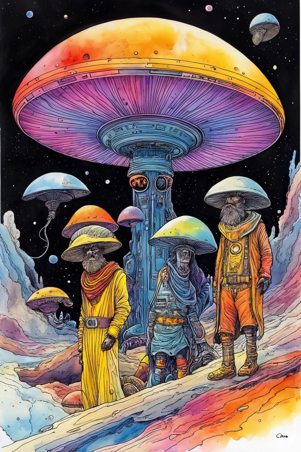 Image with seed 2152860029 generated via Stable Diffusion through @stablehorde@sigmoid.social. Prompt: Space hippies of the 35th century, comic book art, watercolour on black ink drawing, science fiction, space opera, fantasy, surrealism, psychedelic, magic mushrooms, colourful, Moebius, Enki Bilal 