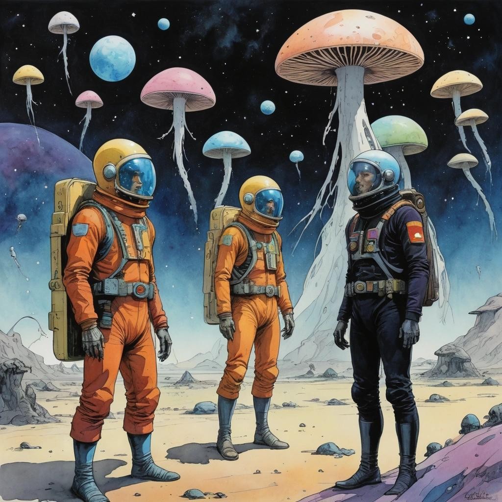 Image with seed 1795508083 generated via Stable Diffusion through @stablehorde@sigmoid.social. Prompt: Space hippies of the 35th century, comic book art, watercolour on black ink drawing, science fiction, space opera, fantasy, surrealism, psychedelic, magic mushrooms, colourful, Moebius, Enki Bilal 