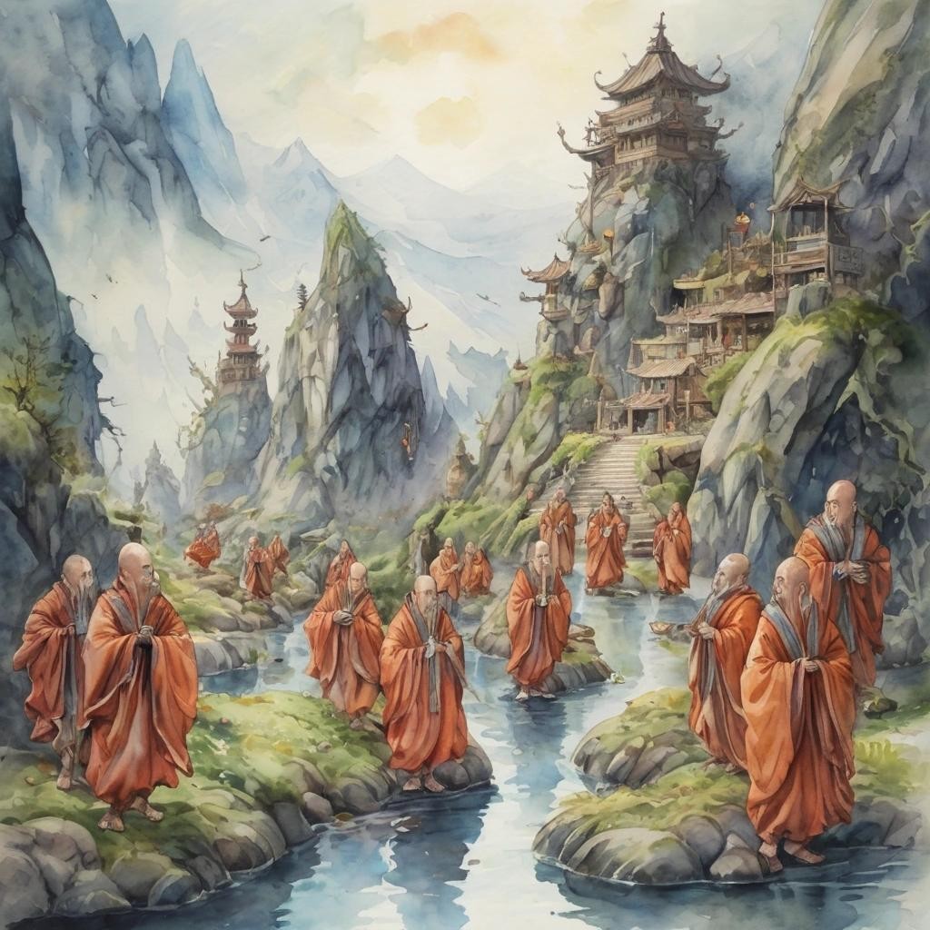 Image with seed 1845732294 generated via Stable Diffusion through @stablehorde@sigmoid.social. Prompt: the return of the Mollusk Monks to Sirbintae, watercolor, fantasy