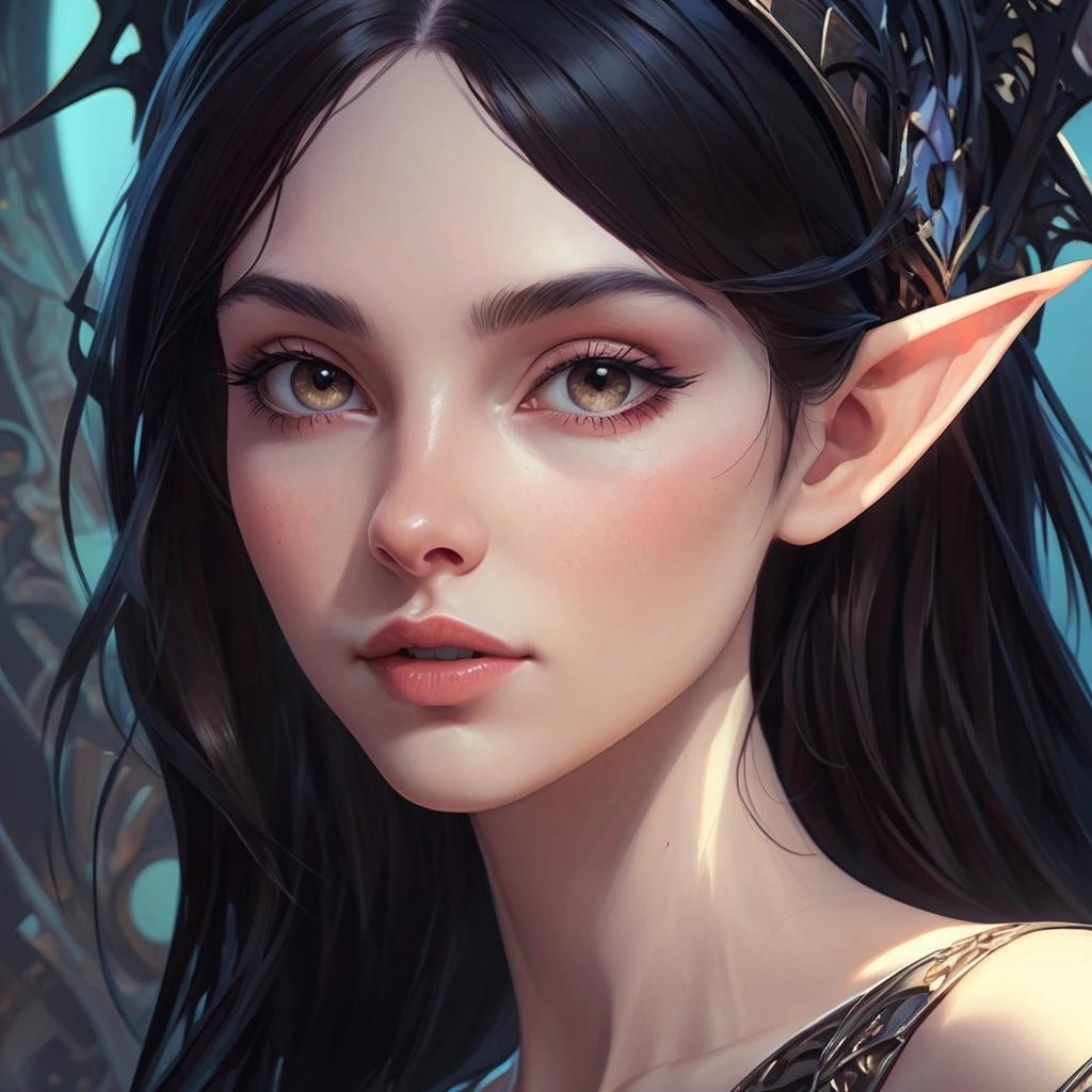 Image with seed 1294160103 generated via Stable Diffusion through @stablehorde@sigmoid.social. Prompt: a portrait, dark hair elf female, plae skin, long pointy ears, intricate, elegant, gorgeous, highly detailed, ambient lighting, art by ilya kuvshinov, artgerm, Alphonse mucha, and Greg Rutkowski