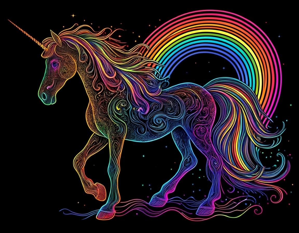 Image with seed 1723334490 generated via Stable Diffusion through @stablehorde@sigmoid.social. Prompt: Intricate colorful neon rainbow a unicorn farting rainbows  darkness, intricately stylized vector design, line work, flourishes, patterns###white, blank,