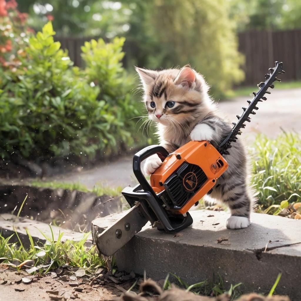 Image with seed 3317676056 generated via Stable Diffusion through @stablehorde@sigmoid.social. Prompt: a cute kitten playing with a chainsaw.
