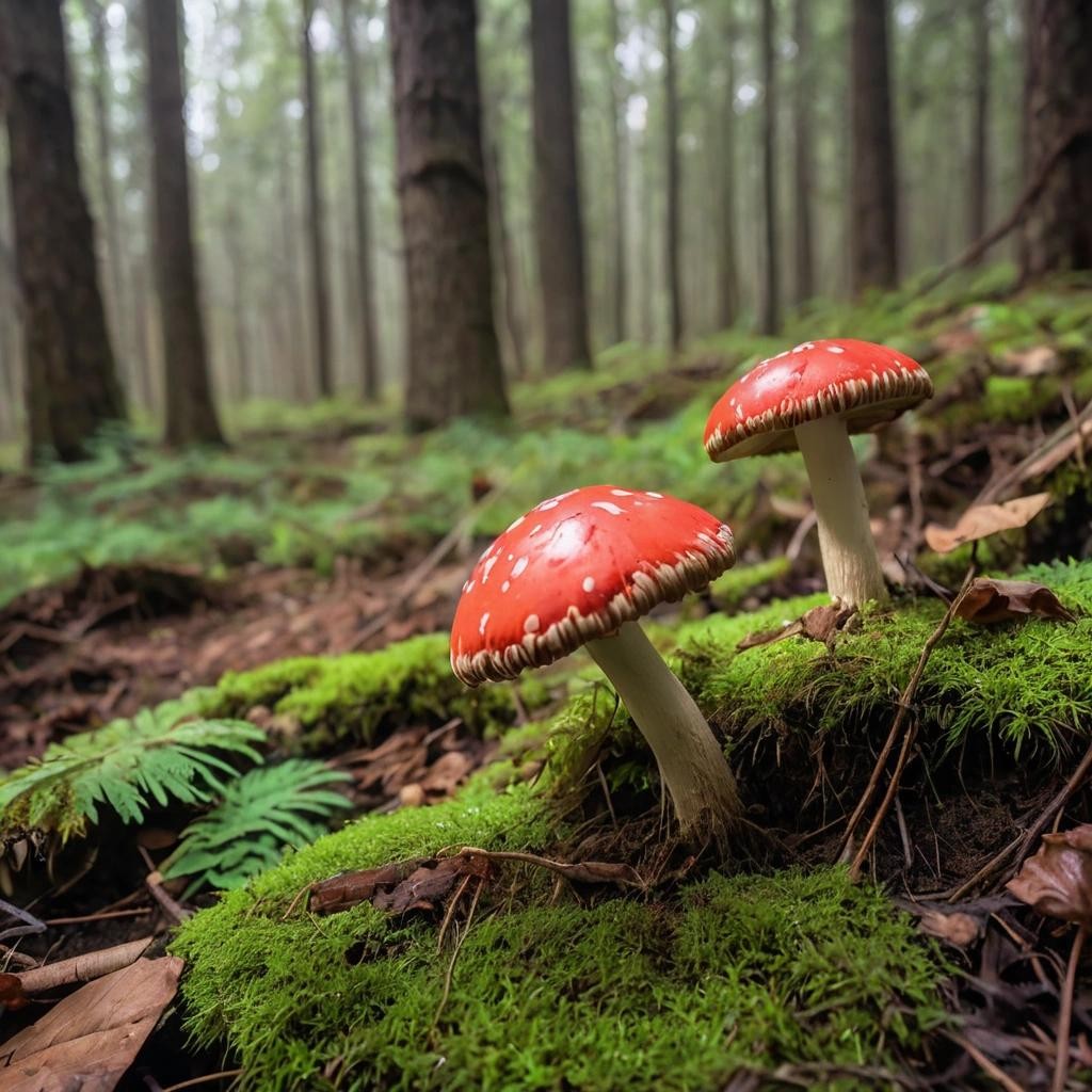 Image with seed 754444740 generated via Stable Diffusion through @stablehorde@sigmoid.social. Prompt: 1-up mushrooms growing in a forest