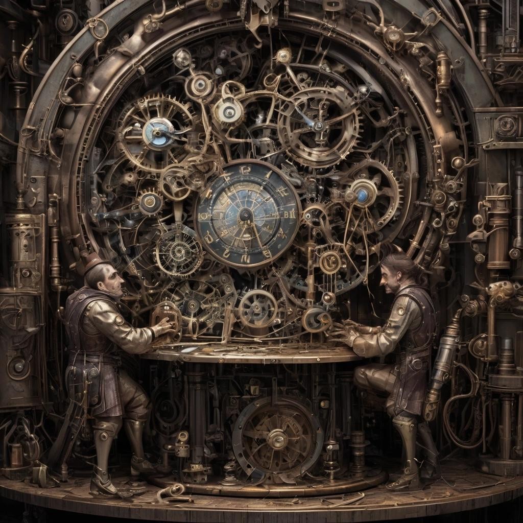 Image with seed 3406646489 generated via Stable Diffusion through @stablehorde@sigmoid.social. Prompt: The Machine Elves are trying to fix the ancient broken Time Machine. Surrealism, fantasy, magic realism, fantastic realism, steampunk, clockworkpunk, clock faces, pocket watches, hourglasses, cogs, pistons, springs, mechanics, occult, outlandish
