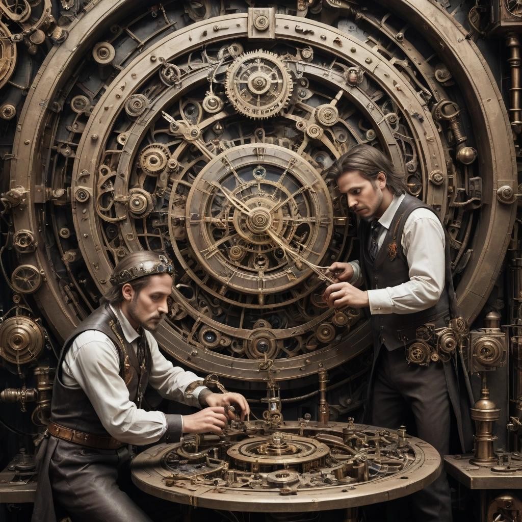 Image with seed 619736891 generated via Stable Diffusion through @stablehorde@sigmoid.social. Prompt: The Machine Elves are trying to fix the ancient broken Time Machine. Surrealism, fantasy, magic realism, fantastic realism, steampunk, clockworkpunk, clock faces, pocket watches, hourglasses, cogs, pistons, springs, mechanics, occult, outlandish 