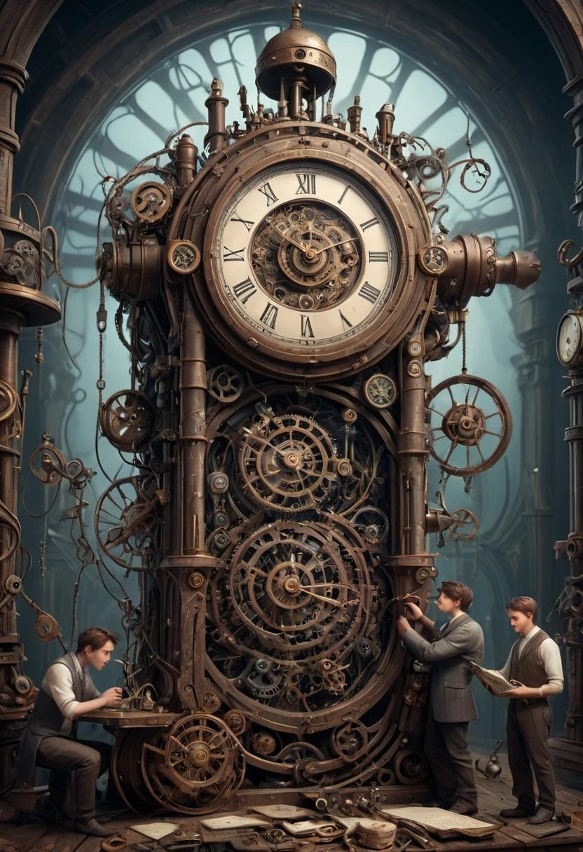 Image with seed 361325557 generated via Stable Diffusion through @stablehorde@sigmoid.social. Prompt: The Machine Elves are trying to fix the ancient broken Time Machine. Surrealism, fantasy, magic realism, fantastic realism, steampunk, clockworkpunk, clock faces, pocket watches, hourglasses, cogs, pistons, springs, mechanics, occult, outlandish 