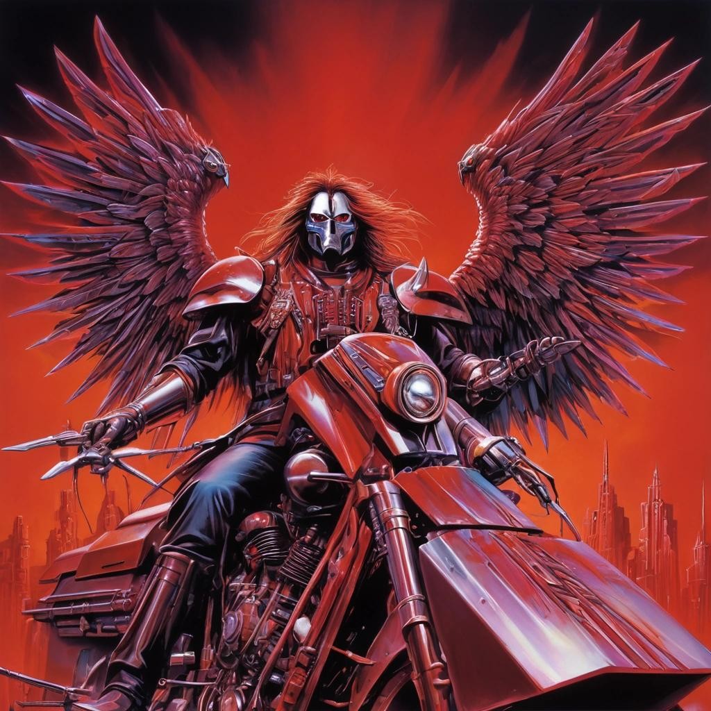 Image with seed 3716930834 generated via Stable Diffusion through @stablehorde@sigmoid.social. Prompt: Steel Eagle, heavy metal, hard rock, album cover, red background, cyberpunk, colourful, science fiction, Airbrush art, 1980s