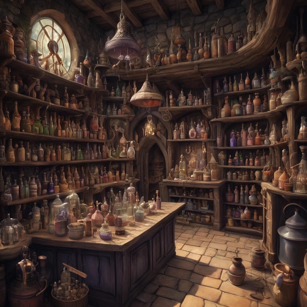 Image with seed 4138192535 generated via Stable Diffusion through @stablehorde@sigmoid.social. Prompt: the potion shop, fantasy, fairy tale, surrealism