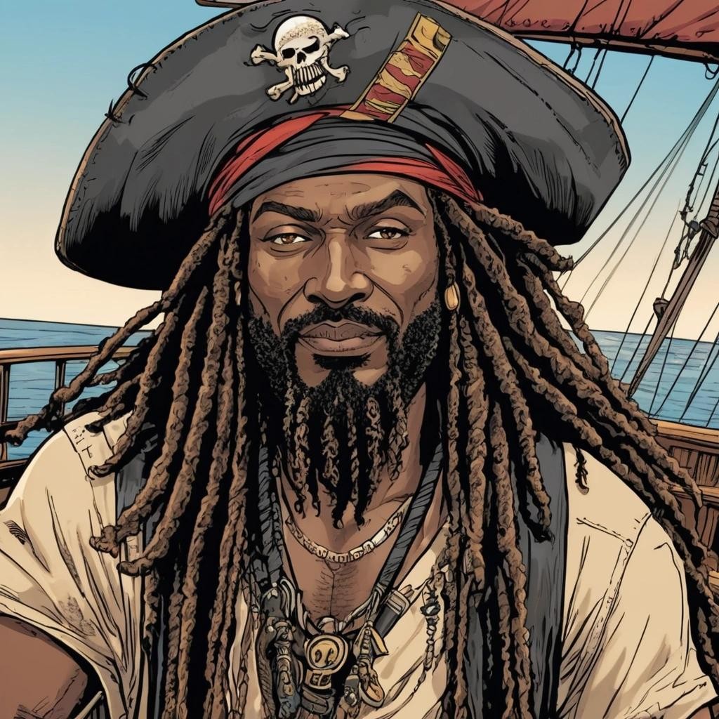 Image with seed 2082537655 generated via Stable Diffusion through @stablehorde@sigmoid.social. Prompt: Comic book drawing of a black pirate Rastaman with thick dreadlocks wearing a pirate hat, looing very relaxed, standing on the deck of a pirate ship, attractive young face, expressive eyes