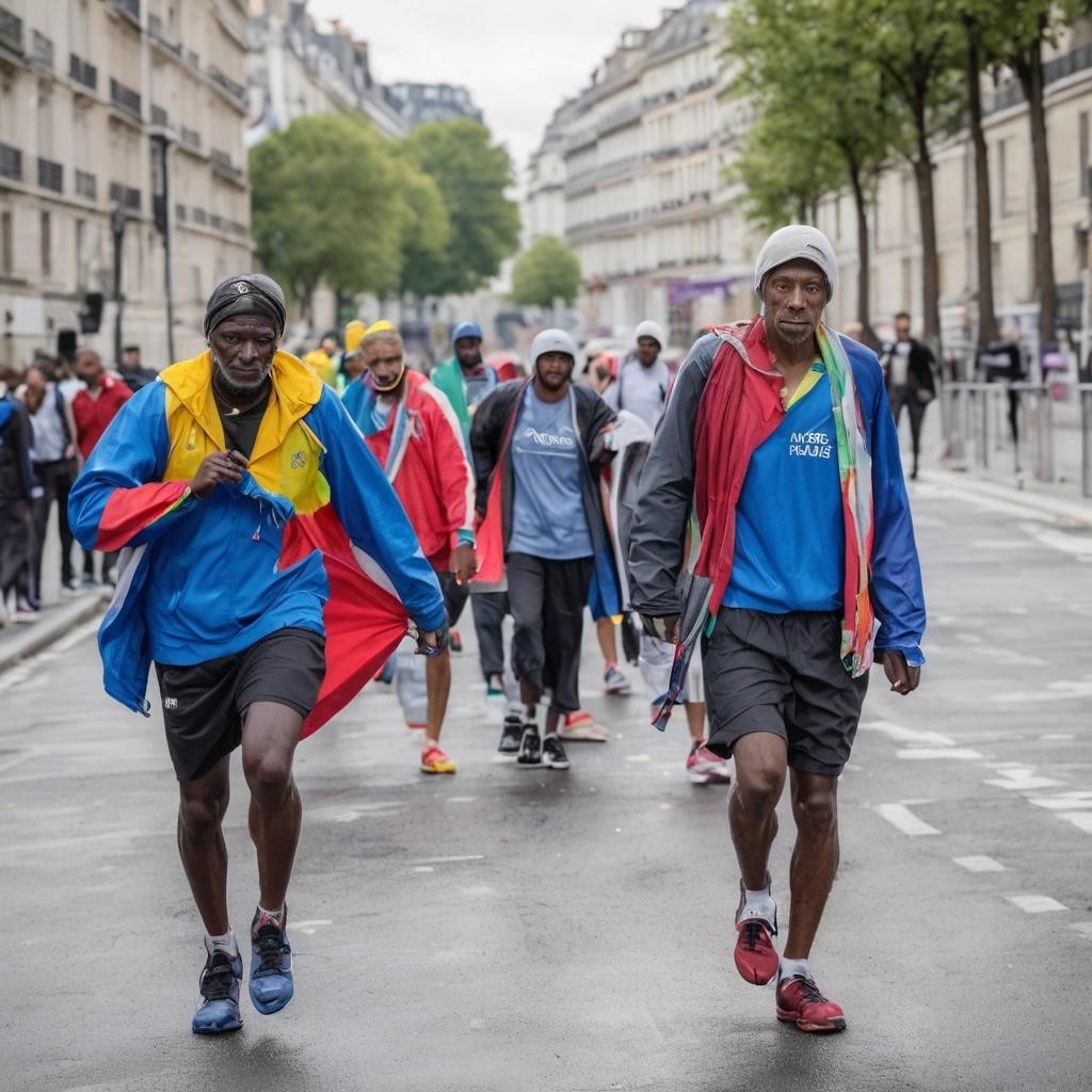 Image with seed 1525543948 generated via Stable Diffusion through @stablehorde@sigmoid.social. Prompt: homeless athletes taking part in the Paris Olympic Games 2024.