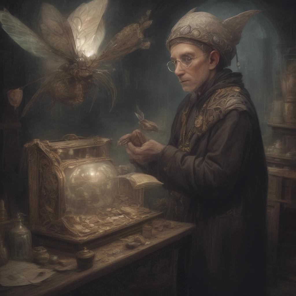 Image with seed 2973508029 generated via Stable Diffusion through @stablehorde@sigmoid.social. Prompt: the moth merchant, fantasy, magical realism