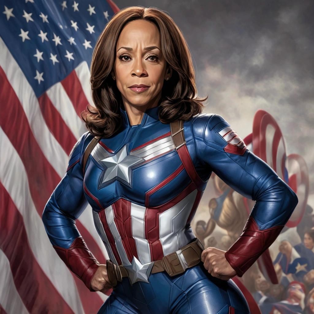 Image with seed 4123032473 generated via Stable Diffusion through @stablehorde@sigmoid.social. Prompt: a portrait of Kamala Harris as captain America, medium shot, detailed, winning stance