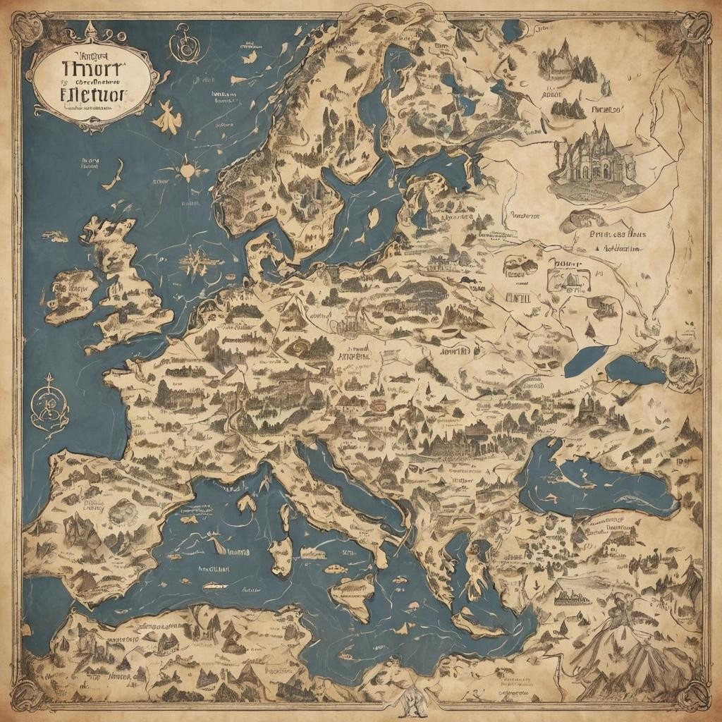 Image with seed 2478638819 generated via Stable Diffusion through @stablehorde@sigmoid.social. Prompt: a map of Europe in the style of Tolkien's map of Middle Earth