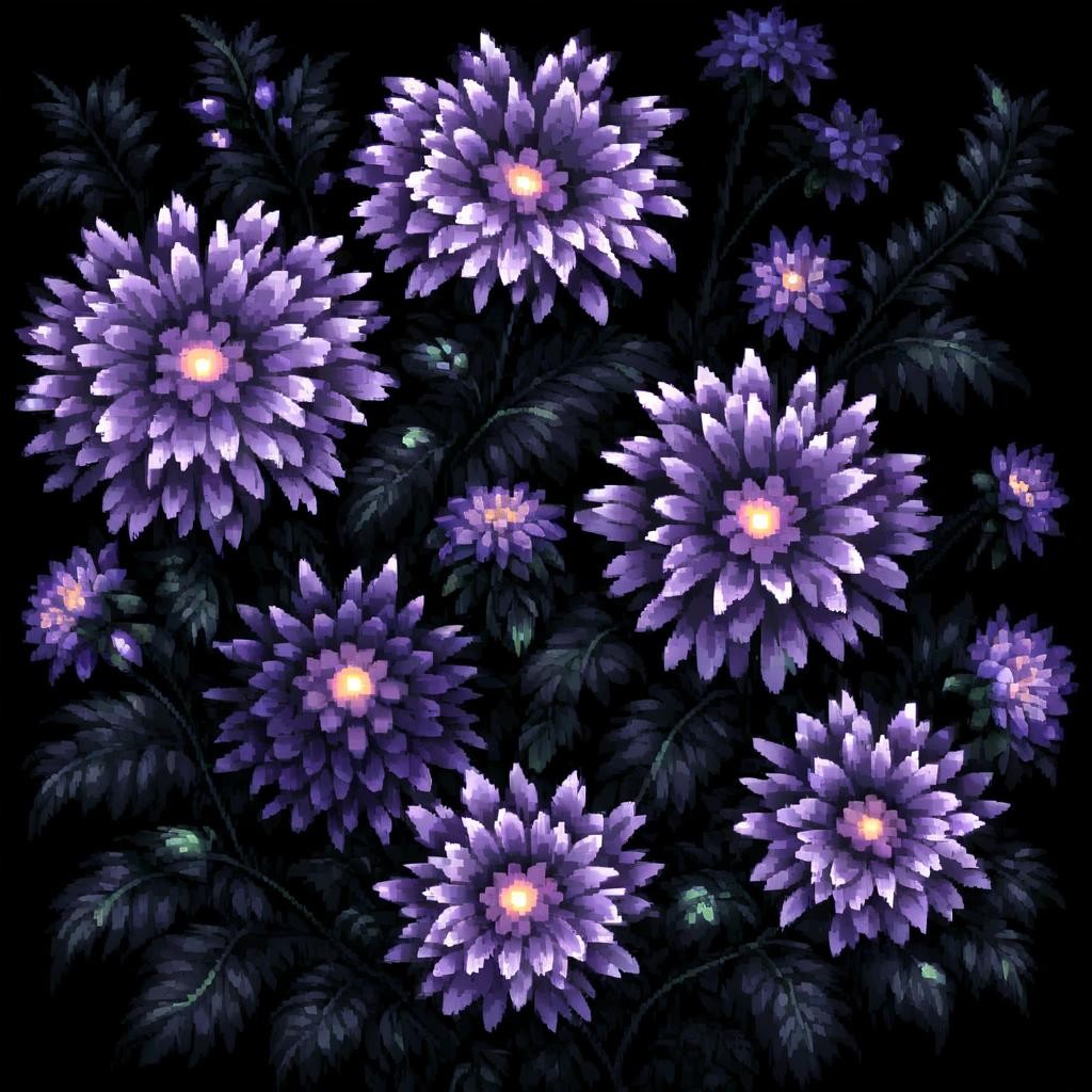 Image with seed 2444922171 generated via Stable Diffusion through @stablehorde@sigmoid.social. Prompt: glow-in-the-dark flowers, , pixel art, dark background, dramatic, ambient