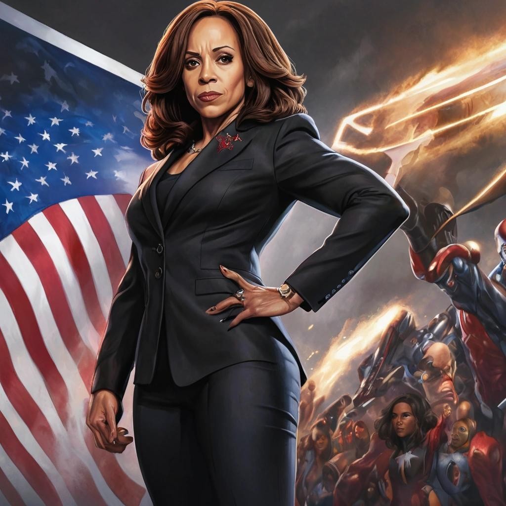 Image with seed 424499993 generated via Stable Diffusion through @stablehorde@sigmoid.social. Prompt: a portrait of Kamala Harris as Marvel Black Widow, medium shot, detailed, winning stance