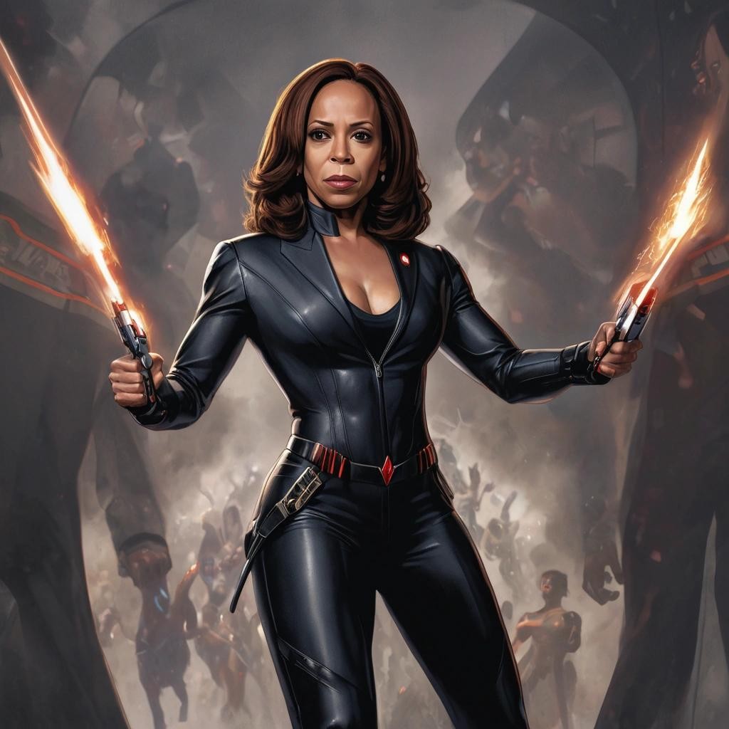 Image with seed 1340236054 generated via Stable Diffusion through @stablehorde@sigmoid.social. Prompt: a portrait of Kamala Harris as Marvel Black Widow, medium shot, detailed, winning stance