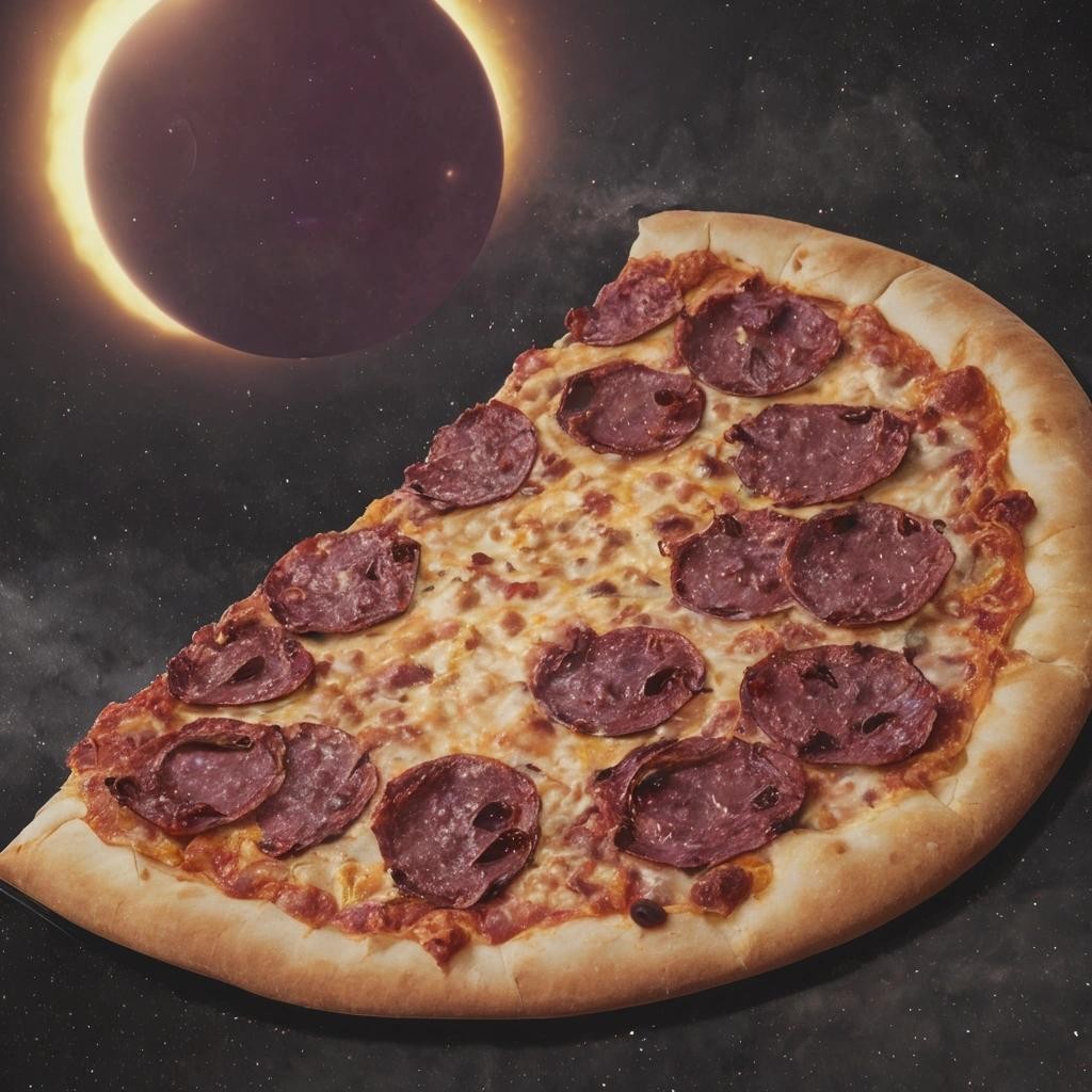 Image with seed 3840665860 generated via Stable Diffusion through @stablehorde@sigmoid.social. Prompt: an eclipse with a pizza replacing the moon