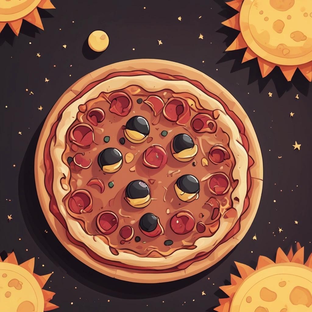 Image with seed 2597869246 generated via Stable Diffusion through @stablehorde@sigmoid.social. Prompt: a pizza in front of the sun with a dark background like an eclipse in a cartoon style