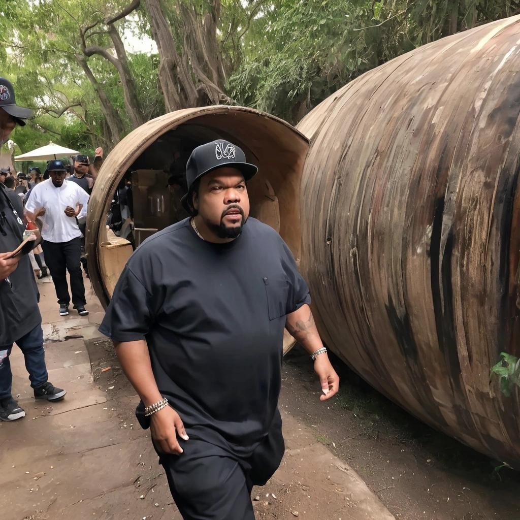 Image with seed 3902168752 generated via Stable Diffusion through @stablehorde@sigmoid.social. Prompt: rap artist ice cube walking into a crack tree barrel restaurant