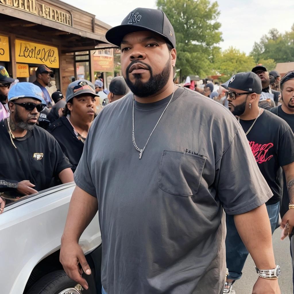 Image with seed 4117858195 generated via Stable Diffusion through @stablehorde@sigmoid.social. Prompt: the rapper ice cube walking up to a Cracker Barrel restaurant where there is a line of woke patrons waiting outside