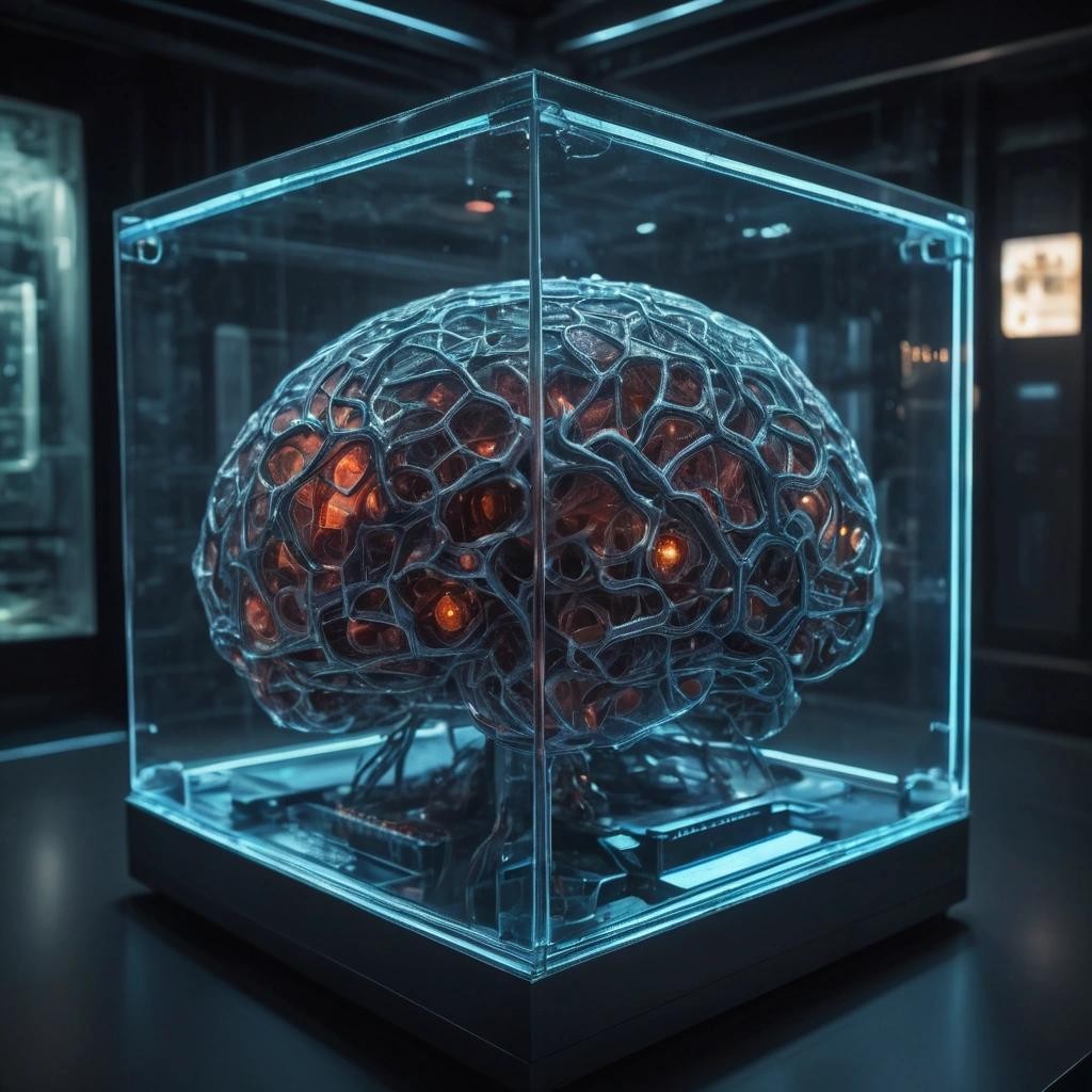 Image with seed 2405561692 generated via Stable Diffusion through @stablehorde@sigmoid.social. Prompt: The Central Brain of Mankind from the Czechoslovak science fiction TV series Návštěvníci, biomorphic supercomputer, artificial glowing crystal brain in a glass cube