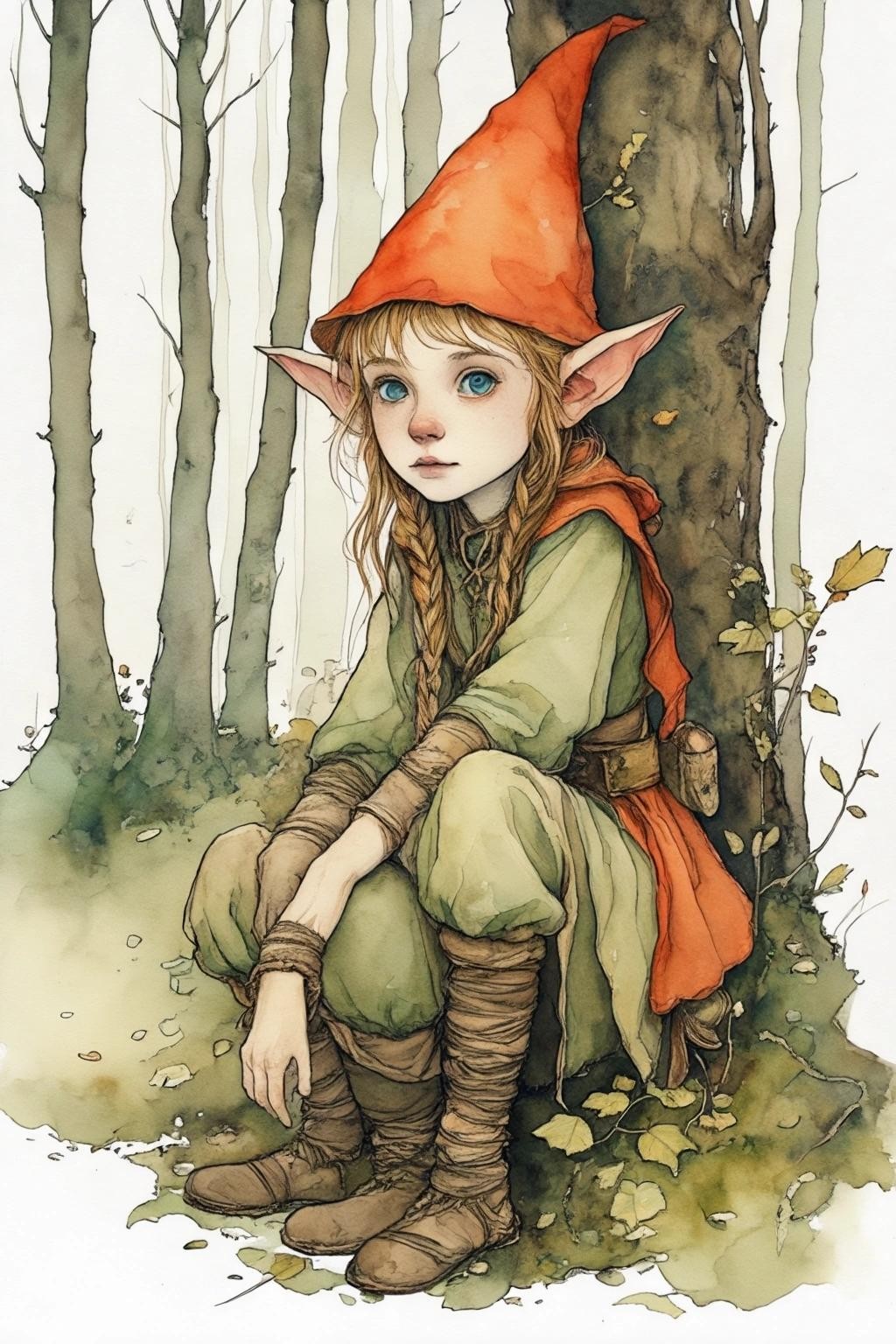 Image with seed 4067300037 generated via Stable Diffusion through @stablehorde@sigmoid.social. Prompt: cute elf living in the woods, watercolour and ink, Arthur Rackam, Jean-Baptiste Monge, Egon Schiele, Alphonse Mucha, Gustav Klimt 