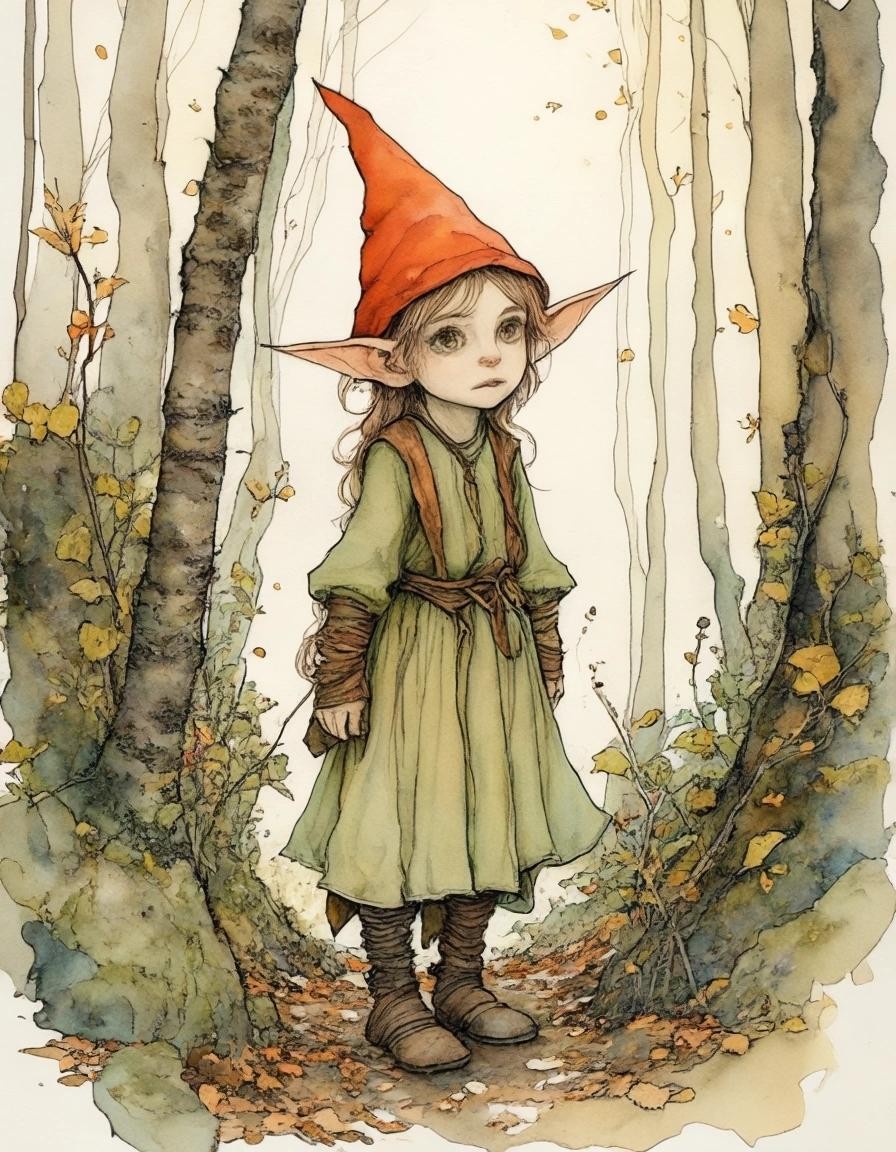 Image with seed 3955046020 generated via Stable Diffusion through @stablehorde@sigmoid.social. Prompt: cute elf living in the woods, watercolour and ink, Arthur Rackam, Jean-Baptiste Monge, Egon Schiele, Alphonse Mucha, Gustav Klimt 