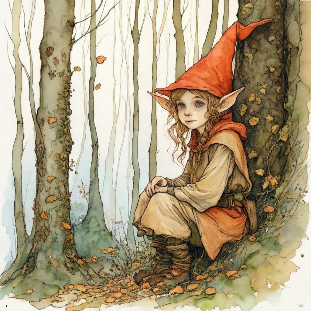 Image with seed 1573077069 generated via Stable Diffusion through @stablehorde@sigmoid.social. Prompt: cute elf living in the woods, watercolour and ink, Arthur Rackam, Jean-Baptiste Monge, Egon Schiele, Alphonse Mucha, Gustav Klimt 