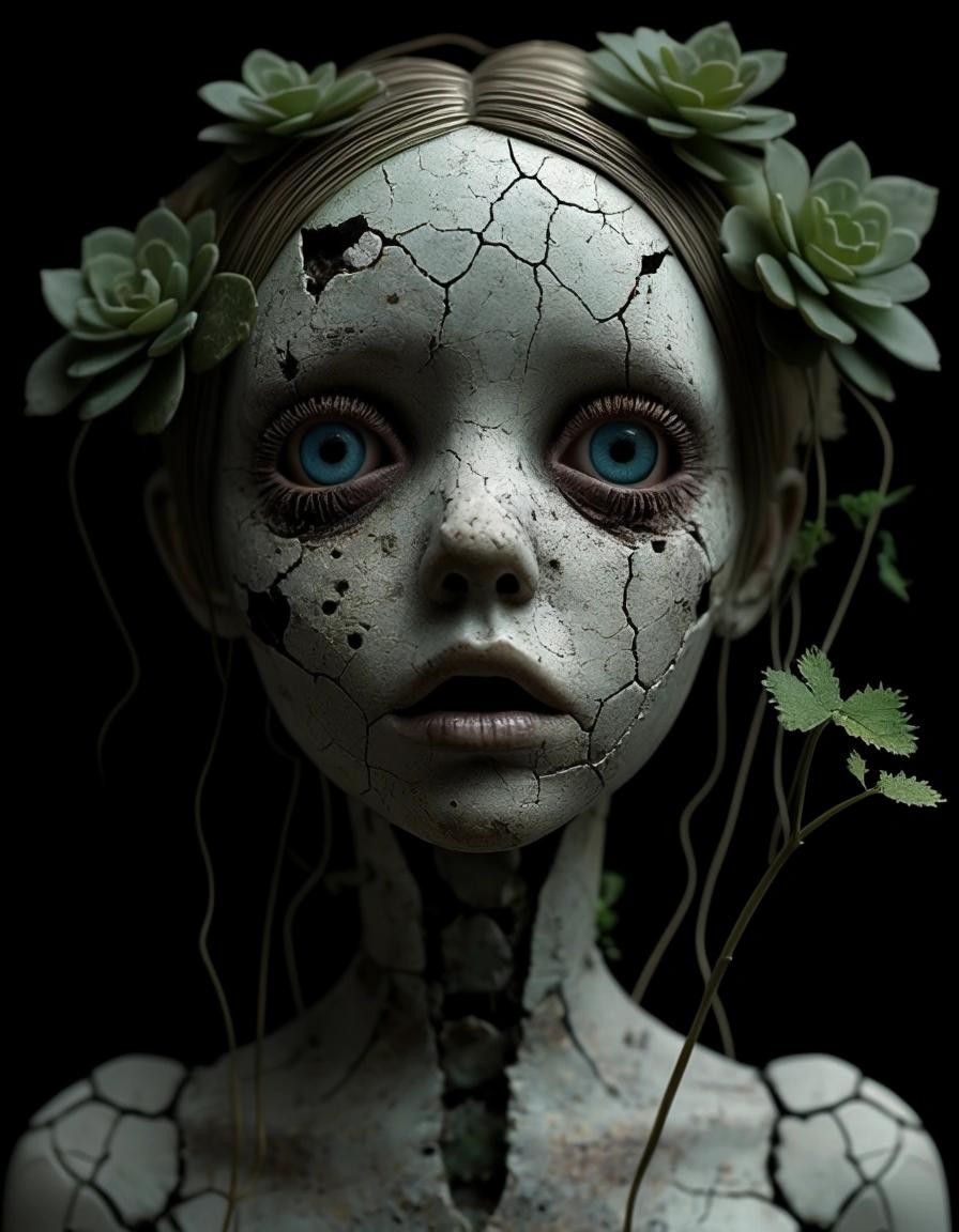 Image with seed 3937835534 generated via Stable Diffusion through @stablehorde@sigmoid.social. Prompt: Decomposing doll, cracked porcelain skin, hollow eye sockets, overgrown Succulents emerging from eye sockets and mouth, eerie atmosphere, benday dots, crosshatches, shadows, chiaroscuro, retrofuturistic, horror, eerie, glitching cinematic, concept art, Digital Illustration 