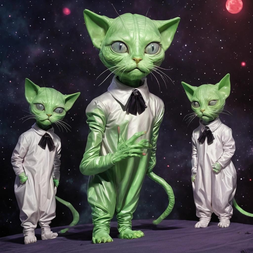 Image with seed 3665988333 generated via Stable Diffusion through @stablehorde@sigmoid.social. Prompt: alien cat people from outer space